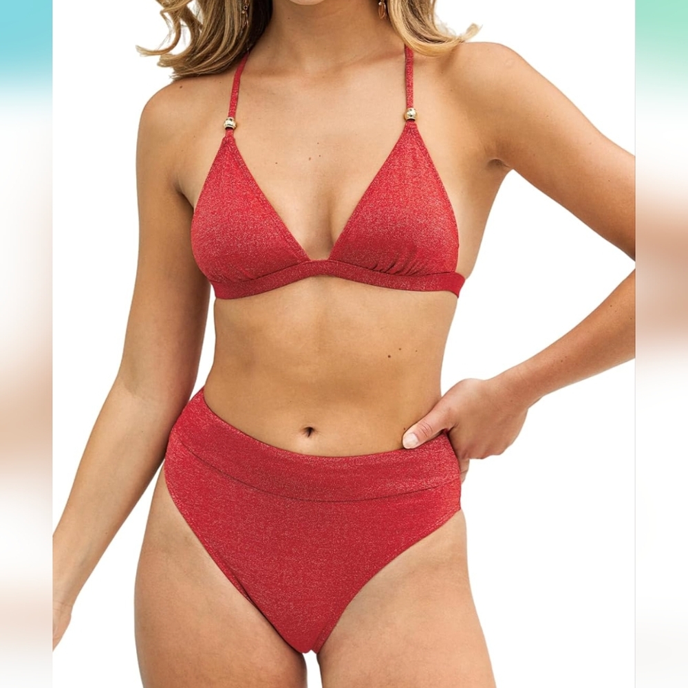 NWT Cupshe Red Sparkly Bikini High Waisted Cheeky Fit Triangle Top